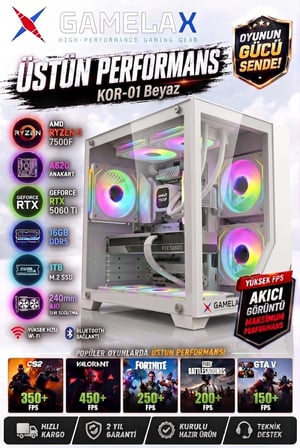 Gamelax KOR-01 Beyaz AMD Ryzen5 7500F RTX5060 Tİ 8GB 16GB DDR5 Ram 1TB M.2 SSD 240MM Sıvı Soğutma Wi-Fi Masaüstü Gaming Bilgisayarı