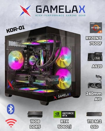 Gamelax KOR-01 AMD Ryzen5 7500F RTX5060 Tİ 8GB 16GB DDR5 Ram 1TB M.2 SSD 240MM Sıvı Soğutma Wi-Fi Masaüstü Gaming Bilgisayarı