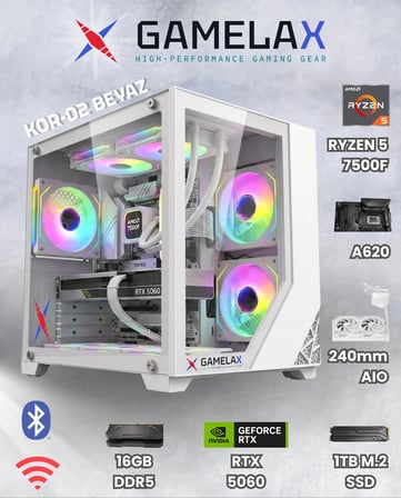 Gamelax KOR-02 Beyaz AMD Ryzen5 7500F RTX5060 8GB 16GB DDR5 Ram 1TB M.2 SSD 240MM Sıvı Soğutma Wi-Fi Masaüstü Gaming Bilgisayarı
