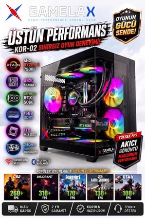 Gamelax KOR-02 AMD Ryzen5 7500F RTX5060 8GB 16GB DDR5 Ram 1TB M.2 SSD 240MM Sıvı Soğutma Wi-Fi Masaüstü Gaming Bilgisayarı