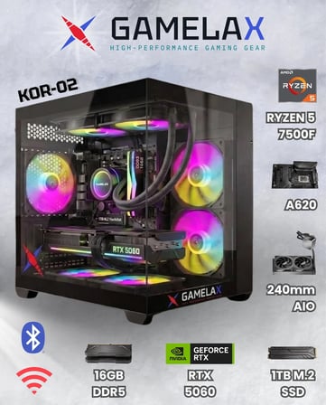 Gamelax KOR-02 AMD Ryzen5 7500F RTX5060 8GB 16GB DDR5 Ram 1TB M.2 SSD 240MM Sıvı Soğutma Wi-Fi Masaüstü Gaming Bilgisayarı