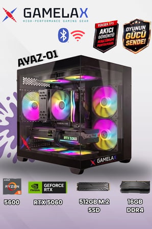 Gamelax AYAZ-01 AMD Ryzen5 5600 RTX5060 8GB 16GB DDR4 Ram 512GB M.2 SSD Wi-Fi-Bluetooth Masaüstü Gaming Bilgisayarı