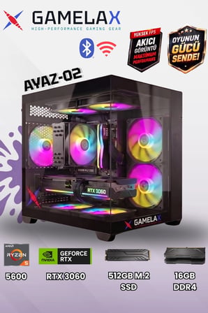 Gamelax AYAZ-02 AMD Ryzen5 5600 RTX3060 12GB 16GB DDR4 Ram 512GB M.2 SSD Wi-Fi-Bluetooth Masaüstü Gaming Bilgisayarı