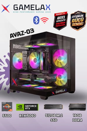 Gamelax AYAZ-03 AMD Ryzen5 5500 RTX5060 8GB 16GB DDR4 Ram 512GB M.2 SSD Wi-Fi-Bluetooth Masaüstü Gaming Bilgisayarı