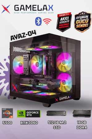 Gamelax AYAZ-04 AMD Ryzen5 5500 RTX3060 12GB 16GB DDR4 Ram 512GB M.2 SSD Wi-Fi-Bluetooth Masaüstü Gaming Bilgisayarı