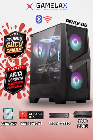 Gamelax PENÇE-06 Intel Core i9-14900KF RTX5060 Tİ 8GB 32GB DDR5 Ram 1TB M.2 SSD 240MM Sıvı Soğutma Wi-Fi Masaüstü Gaming Bilgisayarı