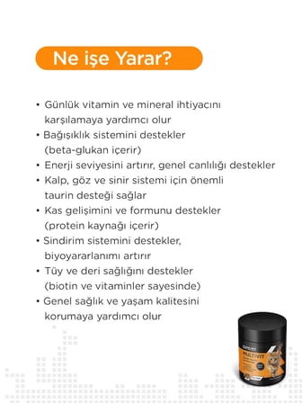 Cutepet Multivit Kedi Vitamin ve Mineral Tableti 60 Adet – Günlük Bağışıklık ve Enerji Takviyesi