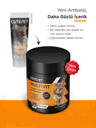 Cutepet Multivit Kedi Vitamin ve Mineral Tableti 60 Adet – Günlük Bağışıklık ve Enerji Takviyesi