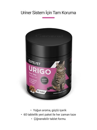 Cutepet Urigo Kedi Üriner Sağlık Tableti 60 Adet – İdrar Yolu ve Mesane Destekleyici Takviye