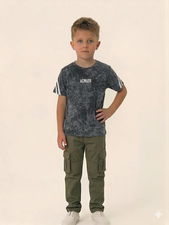 Erkek Çocuk Vintage Görünümlü Antrasit T-shirt - Retro Şerit Detaylı Grafik Baskılı Üst