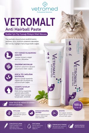 VETROMALT Anti Hairball Paste Kediler İçin Tüy Yumağı Önleyici Malt Macunu 100 ml