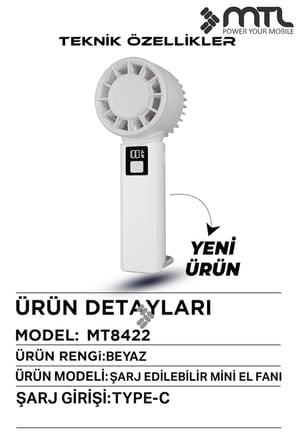 Peltier Buz Soğutmalı El Vantilatörü | 5 Kademe, 3600mAh, 15000 RPM, USB-C, Masa Standlı MT8422
