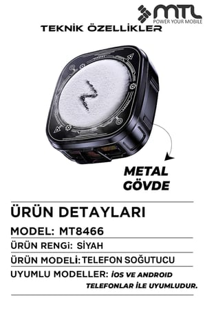 Telefon Tablet Soğutucu Fan | Magsafe Uyumlu, Klipsli, RGB, 3 Kademeli Siyah MT8466