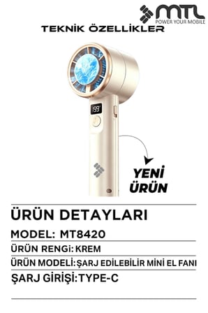 Peltier Buz Soğutmalı El Vantilatörü | 199 Kademe, 3600mAh, 9300 RPM, USB-C, Askılı MT8420