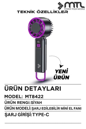 Peltier Buz Soğutmalı El Vantilatörü | 5 Kademe, 3600mAh, 15000 RPM, USB-C, Masa Standlı MT8422