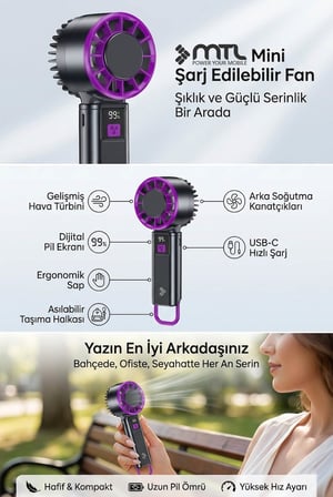 Peltier Buz Soğutmalı El Vantilatörü | 5 Kademe, 3600mAh, 15000 RPM, USB-C, Masa Standlı MT8422