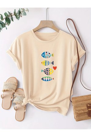 Unisex Renkli Balıklar Baskılı Tasarım Tshirt