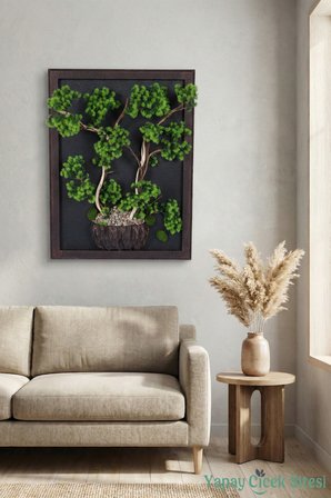 Yapay Çiçek Sitesi Premium Bonsai Ağacı Temalı 3 Boyutlu Duvar Tablosu El Yapımı 35x55 cm