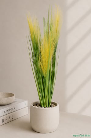 Yapay Çiçek Sitesi Yapay Tüylü Saz 72cm Demeti Sarı-Yeşil