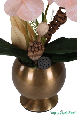 Yapay Çiçek Sitesi Metal Bronz Küre Saksıda Orkide Tanzimi 43 cm Somon