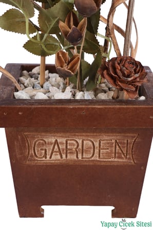 Yapay Çiçek Sitesi Ahşap Garden Saksıda Gerçek Görünümlü Yapay Gül Tanzimi 40 cm Kırık Beyaz