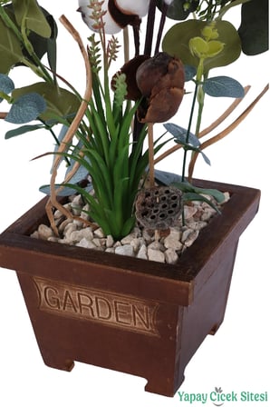 Yapay Çiçek Sitesi Ahşap Garden Saksıda Yapay Pamuk ve Okaliptüs Saksı Tanzimi 42 cm