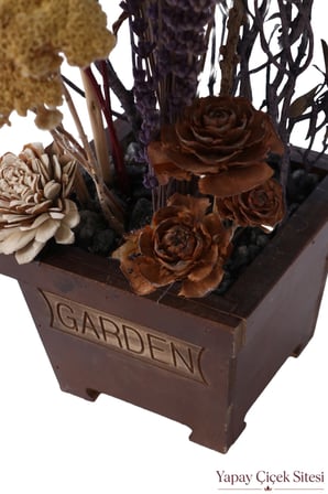 Yapay Çiçek Sitesi Ahşap Garden Saksıda Natürel Kuru Çiçek Bahçesi Tanzimi 50 cm