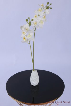Yapay Çiçek Sitesi 2 Dal Yapay Islak Dokuda 12 Kandilli Mini Orkide Çiçeği 55 cm Beyaz Sarı