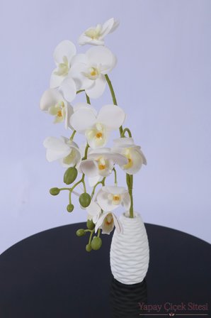 Yapay Çiçek Sitesi 2 Dal Yapay Islak Dokuda 12 Kandilli Mini Orkide Çiçeği 55 cm Beyaz Sarı