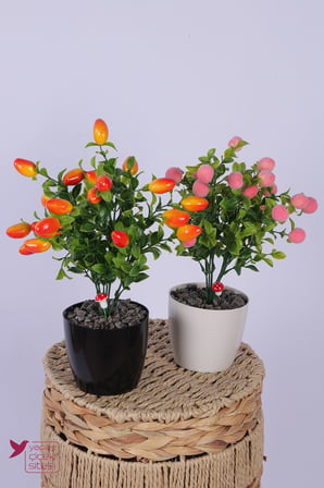 Yapay Çiçek Sitesi Plastik Saksıda Yapay Mini Biber & Şeftali Tanzimi 2’li Set 33 cm