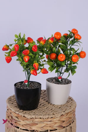 Yapay Çiçek Sitesi Plastik Saksıda Yapay Mini Çilek & Mandalina Tanzimi 2’li Set 33 cm