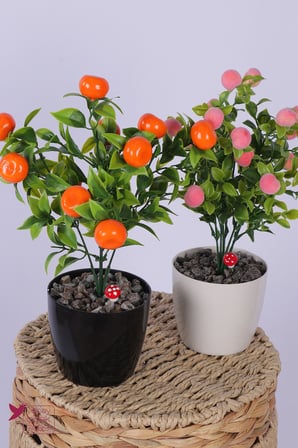 Yapay Çiçek Sitesi Plastik Saksıda Yapay Mini Mandalina & Şeftali Tanzimi 2’li Set 33 cm