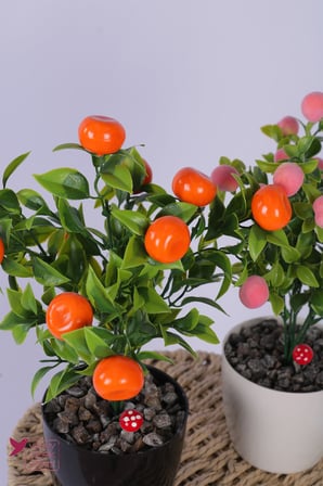 Yapay Çiçek Sitesi Plastik Saksıda Yapay Mini Mandalina & Şeftali Tanzimi 2’li Set 33 cm