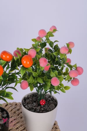 Yapay Çiçek Sitesi Plastik Saksıda Yapay Mini Mandalina & Şeftali Tanzimi 2’li Set 33 cm