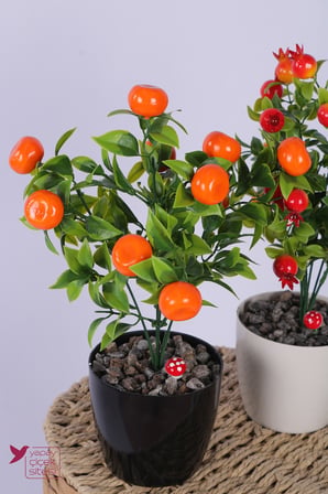 Yapay Çiçek Sitesi Plastik Saksıda Yapay Mini Mandalina & Nar Tanzimi 2’li Set 33 cm