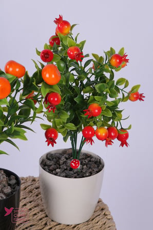 Yapay Çiçek Sitesi Plastik Saksıda Yapay Mini Mandalina & Nar Tanzimi 2’li Set 33 cm