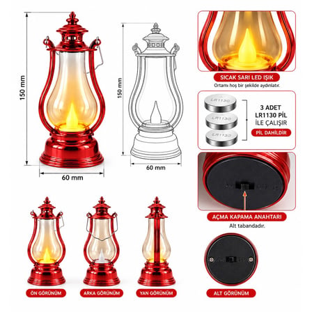 Powermaster PM-38887 Nostaljik LED Mini Gaz Lambası Tasarımlı Pilli Dekoratif Aydınlatma
