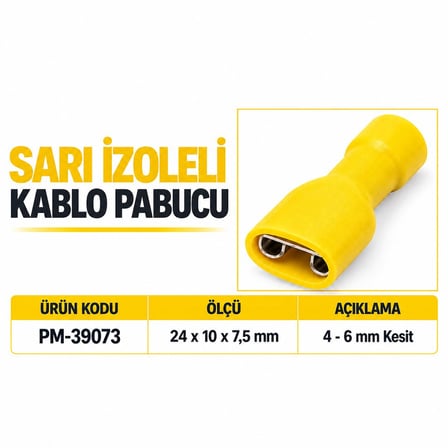 Powermaster PM-39073 4-6Mm2 Kesit 24X10x7,5Mm Soket Sarı İzoleli Kablo Pabucu (100'Lü Paket)
