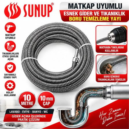 Sunup SN-38810 10 Metre 10 mm Matkap Uyumlu Esnek Gider Tıkanıklık Boru Temizleme Yayı 