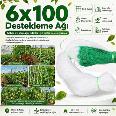 Salatalık Sebze Bitki Çiçek Sarmaşık Asma Tırmanma Destek Ağı 6x100M UV Dayanımlı ve Yüksek Verimli Destek File Sistemi SN-38883