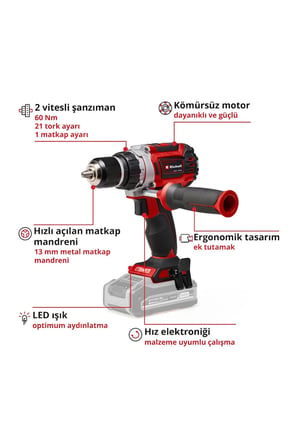 Einhell TP-CD 18/60 Li BL Akülü Vidalama Seti 2,5 Ah Akü ve Şarj Cihazı, 32 Parça Uç Seti ve Çanta