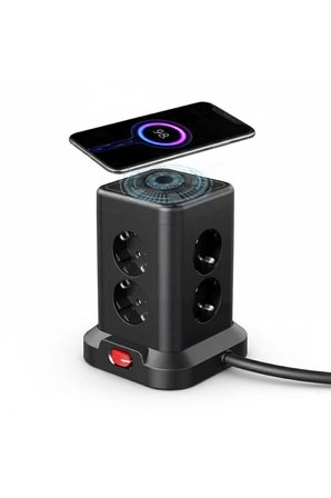 Akım Korumalı Priz Kablosuz Şarj İstasyonu 7x Soket 3x USB 1xType-C Kablolu Grup Priz Çoğaltıcı