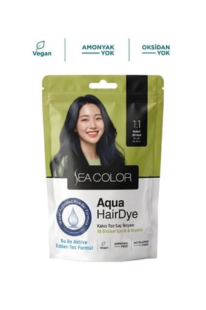 Sea Color Aqua Hair Dye Vegan & Amonyaksız Su İle Aktive Edilen Kalıcı Saç Boyası Toz 1.1 Mavi Siyah