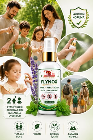 FLYNOX SİNEK BÖCEK KENE KOVUCU LOSYON SPREY 150 ML DOĞAL BİTKİSEL TÜM VÜCUT SEYAHAT TATİL BOY
