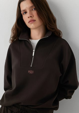 Yarı Fermuarlı Kahverengi İnterlok Sweatshirt 1S20016-70240
