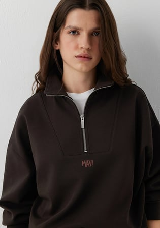 Yarı Fermuarlı Kahverengi İnterlok Sweatshirt 1S20016-70240
