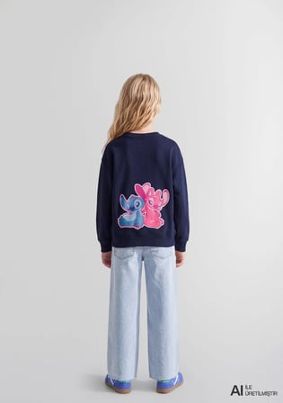 Lilo &amp; Stitch Baskılı Lacivert Sweatshirt 7S20026-84371