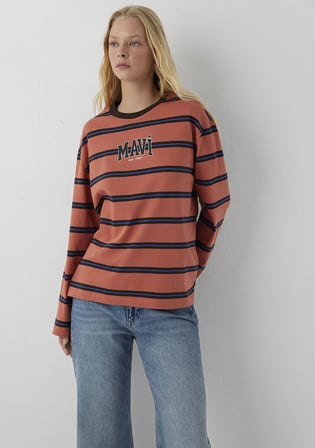 Mavi Baskılı Çizgili Turuncu Tişört 1620078-A6661