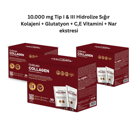 Tip 1 & 3 Hidrolize Kolajen Peptitleri 10.000 Mg, Hiyalüronik Asit, Glutatyon, Elastin, C Vitamini | 90 Saşe (3 Aylık Kullanım Paketi)