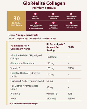 Tip 1 & 3 Hidrolize Kolajen Peptitleri 10.000 Mg, Hiyalüronik Asit, Glutatyon, Elastin, C Vitamini | 90 Saşe (3 Aylık Kullanım Paketi)